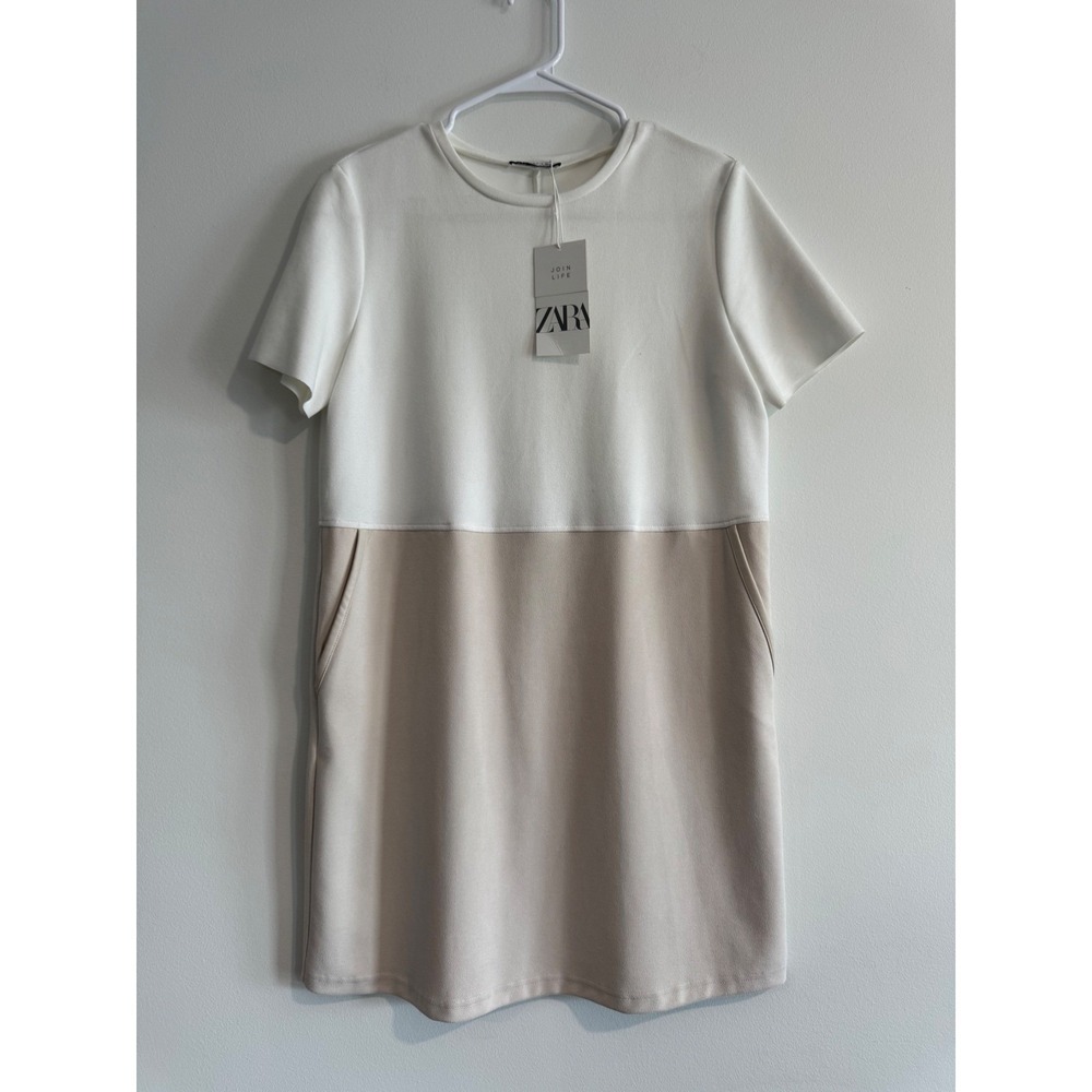Zara Colorblock Shift Mini Dress Women M Cream Pockets Quiet Luxury business